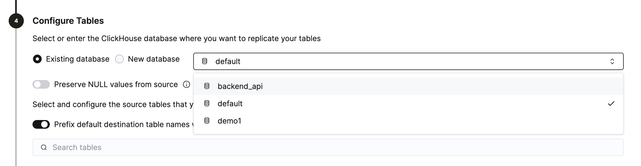 Select destination database - Zoomed